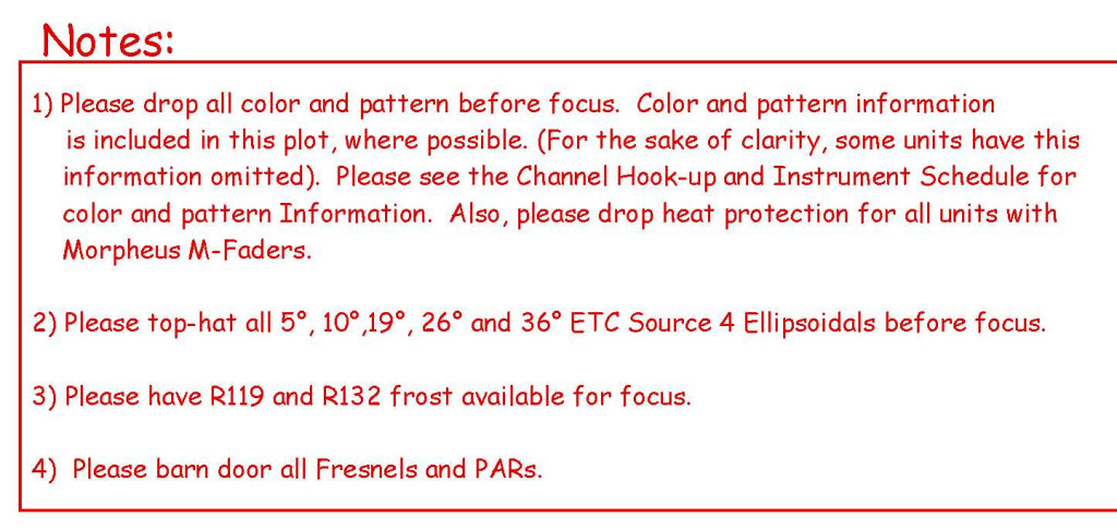 The light plot contains other notes as well, which are indispensable for correct set up or focus respectively. 